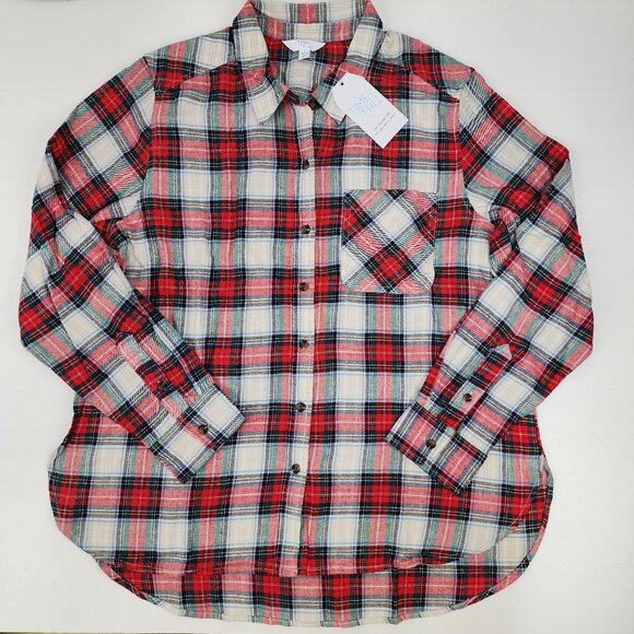 New Time & Tru Womens Large 12-14 White Red Green Plaid Button Up Flannel Shirt - Picture 2 of 11